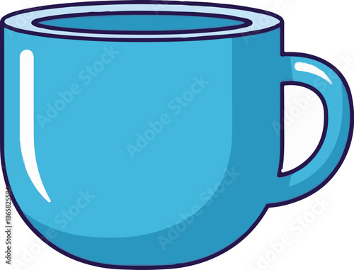 A bright blue mug with a handle, depicted in a simple, cartoonish style
