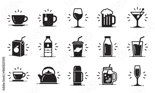 Collection of black glyph icons representing various drinks and beverages including coffee, tea, beer, wine, juice, water, and cocktails in a simple minimalist vector style