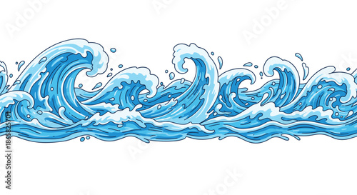 Dynamic illustration of several rows of stylized blue ocean waves with white sea foam on a clean white background.