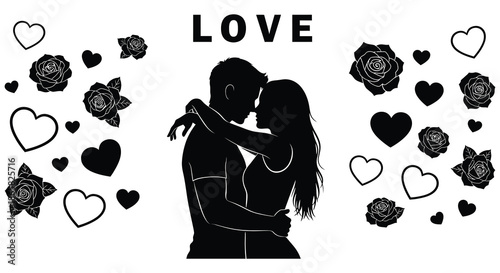 A romantic embrace surrounded by hearts and roses a striking and tender visual representation silhouette