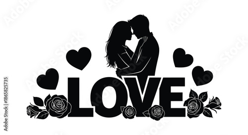 A romantic depiction of a couple embracing amidst hearts and floral elements a beautiful silhouette
