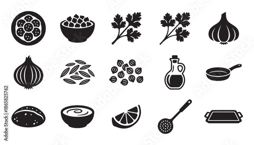 Set of black food icons for cooking falafel and hummus with ingredients like chickpeas, herbs, spices, and vegetables in a simple glyph style for culinary design