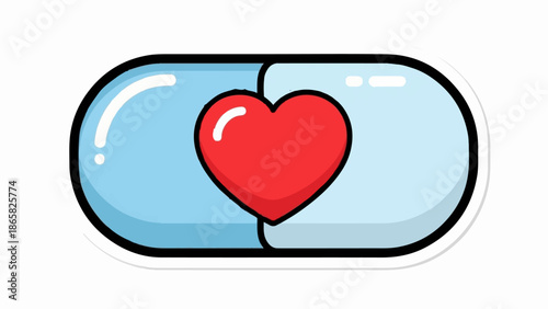 A bright red heart sits on a light blue capsule, symbolizing health and medicine