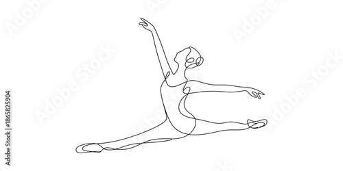A minimalist continuous line sketch capturing a ballerina performing a powerful grand jeté
