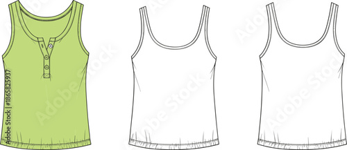 Women’s tank top fashion flat illustration with scoop neckline and button placket front detail sleeveless casual apparel template