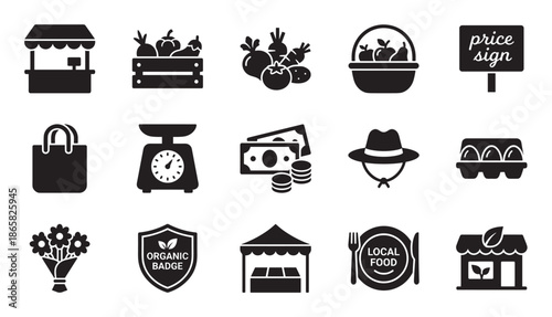 Collection of black glyph icons for a farmers market with local food and organic produce, including a stall, vegetables, basket, scale, and money symbols in a flat design
