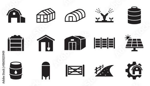 Collection of black farm and agriculture icons showing a barn, greenhouse, silo, solar panel, and irrigation system, designed in a simple, flat silhouette glyph style