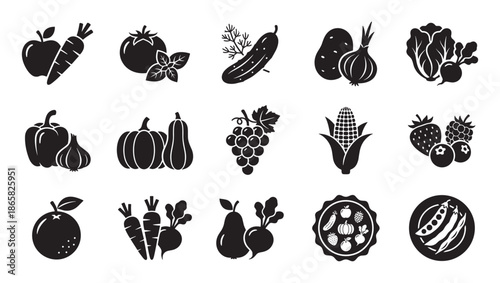 Collection of black fruit and vegetable icons in a simple glyph style shows various fresh produce like apple, carrot, tomato, corn, grapes, pumpkin, and berries for healthy eating