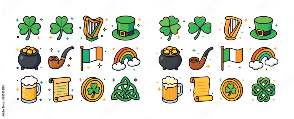 Fototapeta premium Colorful st. patrick's day icons featuring shamrocks harps and irish flags
