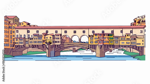 A medieval bridge spans a river, lined with colorful shops and buildings