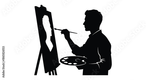 a striking image depicts an artist passionately painting at an easel presented as a silhouette