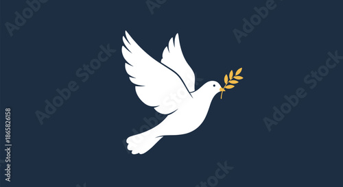 Elegant white dove of peace flying through the air while carrying a golden olive branch in its beak on a dark blue background.