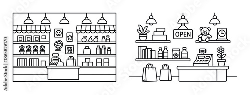 Black and white line art of a cozy boutique store interior with shelves