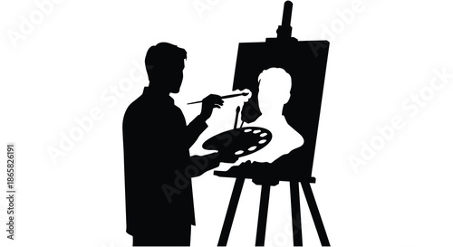 a dark silhouette of an artist painting on a canvas with an easel in a studio silhouette