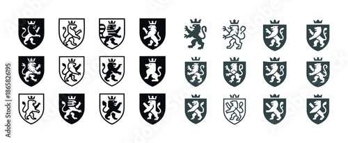 Collection of heraldic lion crests variations in black and white
