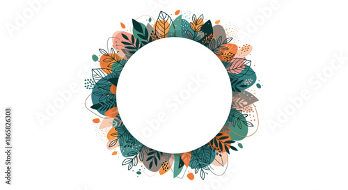 Circular wreath frame made of stylized autumn leaves in shades of orange green and brown surrounding a white center.