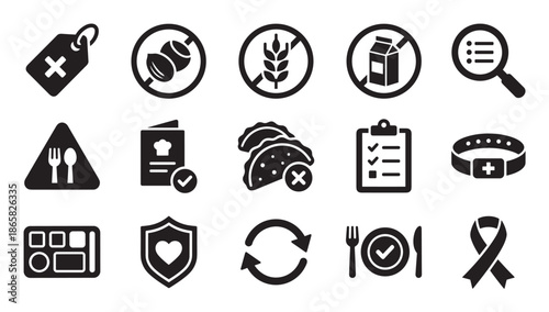 Food allergy and dietary restriction icon set with black glyph symbols for gluten-free, nut-free, lactose-free, medical alerts, and safe ingredient choices for health