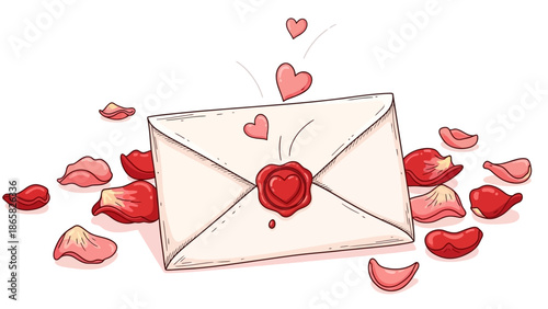Romantic letter with heart shaped seal and rose petals