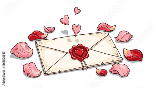 Romantic letter with red heart wax seal and rose petals