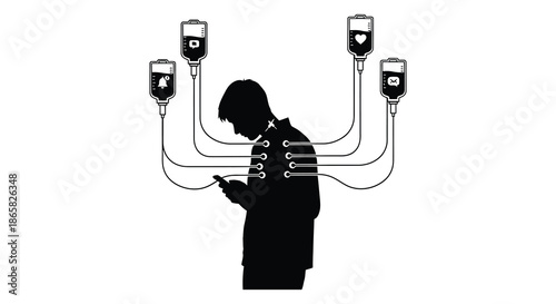 a person connected to multiple iv drips while using a smartphone a striking visual silhouette