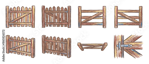 Collection of hand-drawn wooden farm gates and fence sections in a rustic, vintage style, showing various designs, angles, and a detailed close-up of a metal latch