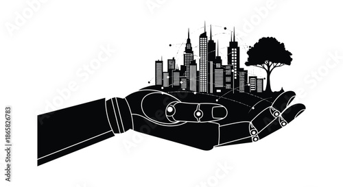 A robotic hand gently cradling a detailed cityscape with a lush tree representing growth and technology silhouette