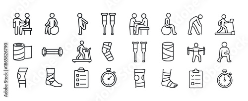 Physical therapy icons: crutches, exercise, rehabilitation activities, equipment