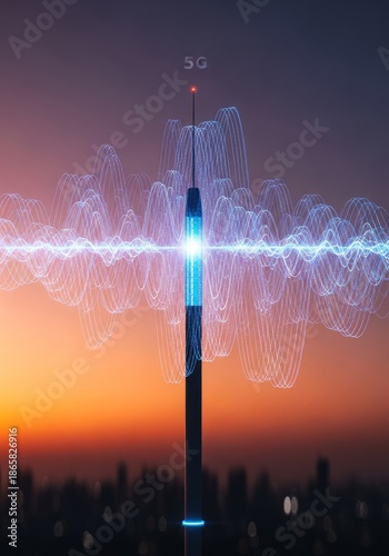 5G waves radiating from glowing antenna