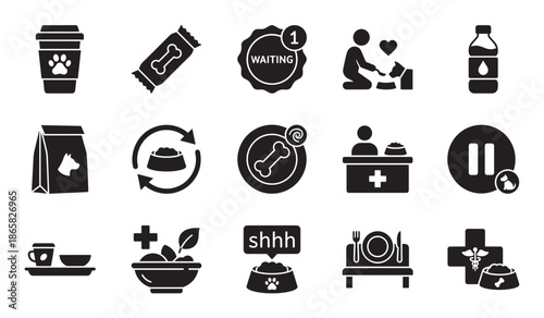 Set of black glyph icons for pet-friendly services illustrating concepts for dog-friendly cafes, restaurants, waiting areas, and veterinary care with food, treats, and care symbols