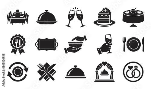 Set of black glyph icons for restaurants and catering services showing a banquet table, cloche, cake, and wedding rings for a celebration event in a flat, minimalist style