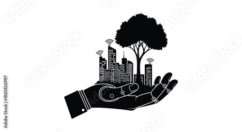 A hand cradling a city skyline and tree representing growth sustainability and technology a striking silhouette