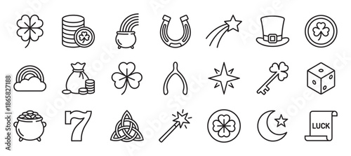 Set of luck and fortune icons featuring a four-leaf clover, horseshoe, pot of gold, rainbow, and other good luck charms in a simple black and white line art vector style