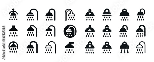 Diverse showerhead icons collection with water flow