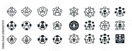 Set of 25 circular data network icons on white background