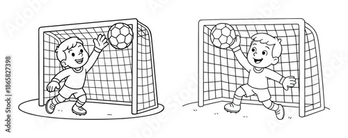 Cheerful young caucasian boys playing soccer and goalkeeping