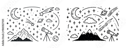 Telescope and celestial views: stars, planets, meteors, and mountain landscapes