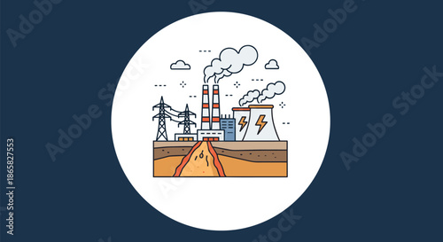 Industrial power plant with large cooling towers and smoking chimneys depicted inside a white circle on a dark blue background.