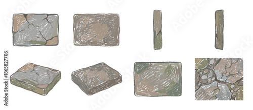 Collection of hand-drawn stone blocks and paving tiles shown from various angles, featuring a rustic, cracked texture for game design or fantasy illustration