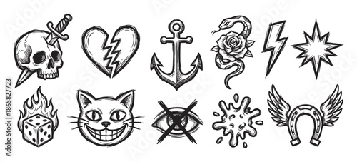 Collection of hand-drawn old school tattoo flash sketches featuring a skull, broken heart, anchor, snake, and other classic symbols in a rough, monochrome ink style illustration