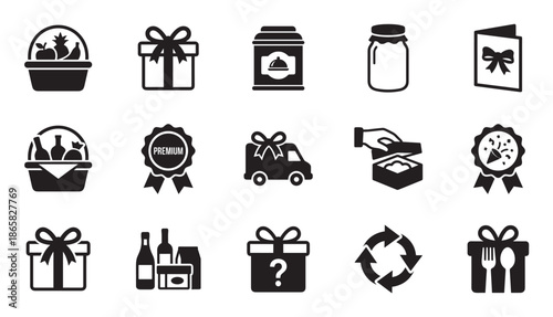 Collection of black glyph icons representing gifts, food delivery, and celebration, featuring minimalist symbols for presents, hampers, quality seals, and greeting cards in a clean vector style
