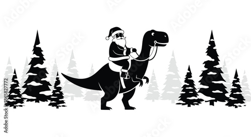 a whimsical scene of santa claus riding a dinosaur through a snowy forest landscape silhouette