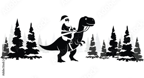 a whimsical depiction of a santa claus riding a dinosaur through a pine tree forest silhouette