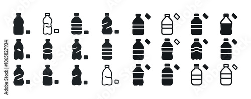 Set of black silhouettes of plastic bottles with recycling symbols