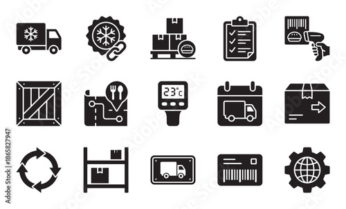 Black solid glyph icons for cold chain logistics, including symbols for refrigerated transport, temperature control, warehouse storage, and package delivery services