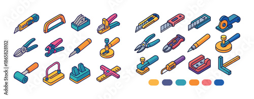 Colorful isometric hand tools set with various cutting and measuring instruments