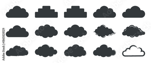 Collection of dark grey cloud silhouettes in various styles, including simple, geometric, grunge, and outline shapes for graphic design and weather concepts