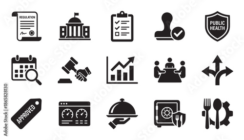 Collection of black glyph icons representing regulation, law, business, and public health concepts like government, auction, and food service in a minimalist flat style