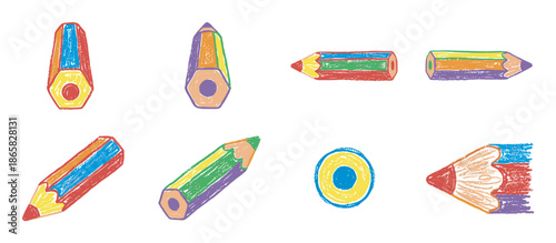 Set of multicolored striped colored pencils in a hand-drawn crayon style illustration, showing various angles and perspectives for creative art and school projects