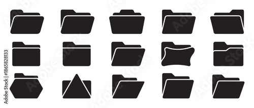 Large collection of black folder icons in various shapes and styles for user interface design, showing different glyphs for documents, files, and data organization in a minimalist vector set