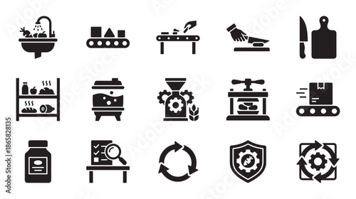 Food production and processing black glyph icons set showing washing, conveying, slicing, milling, packaging, and quality control for the manufacturing and agricultural industry